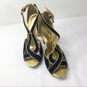 NEVER BEEN WORN! Black and Gold Heels